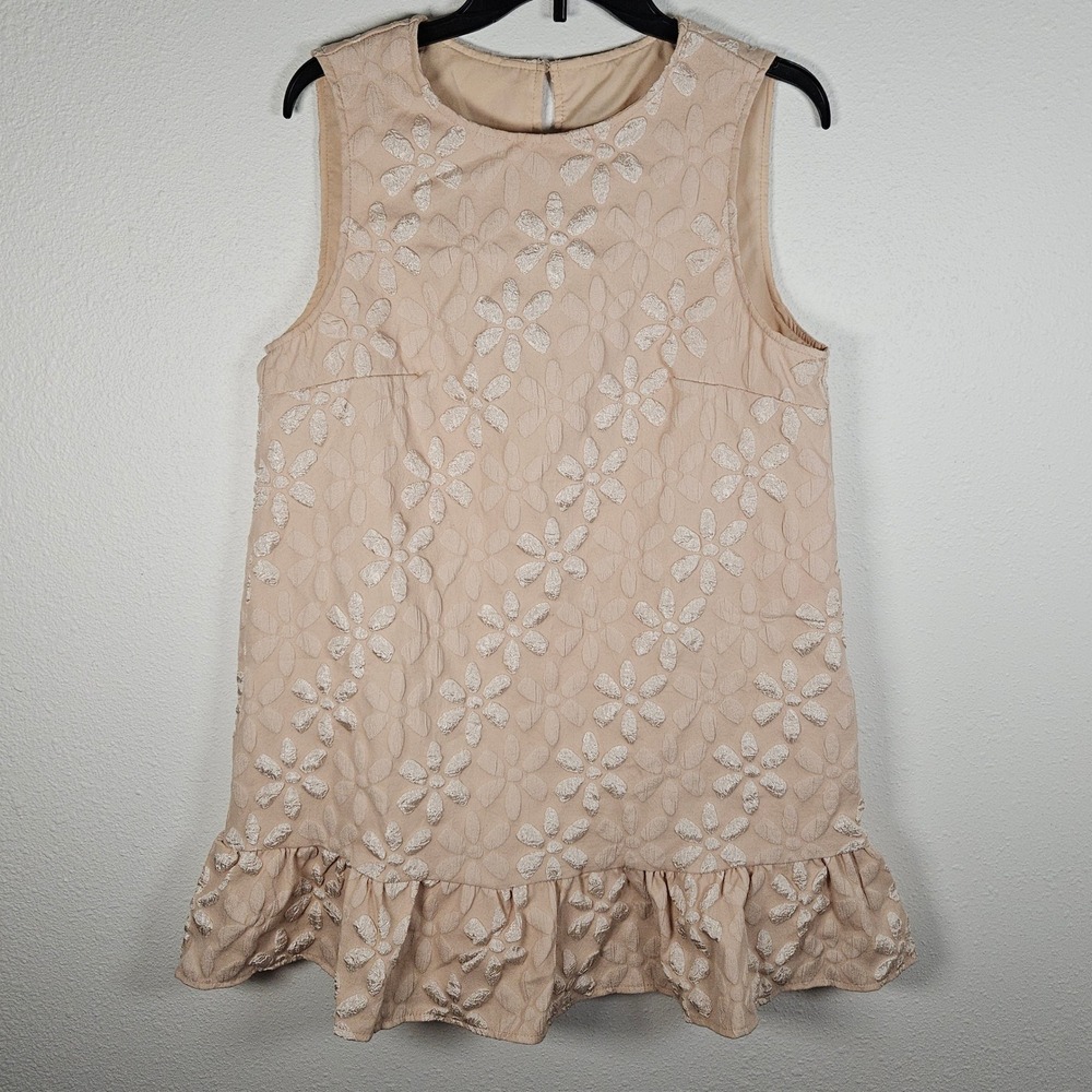 Pink Floral Embroidered Ruffle Hem Smock A Line Dress Women's Medium Sleeveless